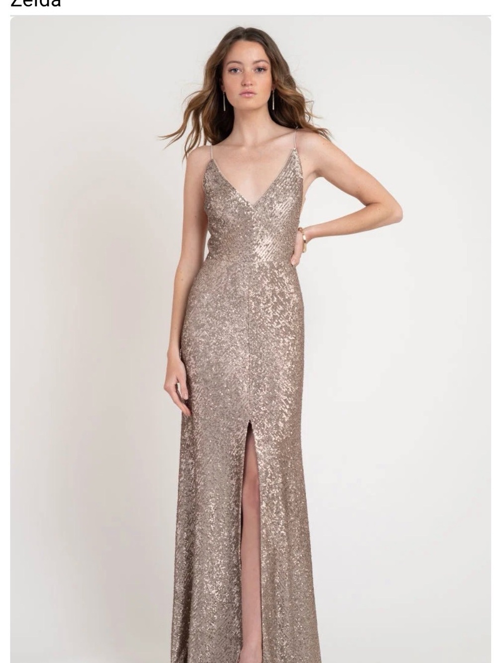 Jenny Yoo Champagne Sequin V-Neck Spaghetti Strap Maxi Gown